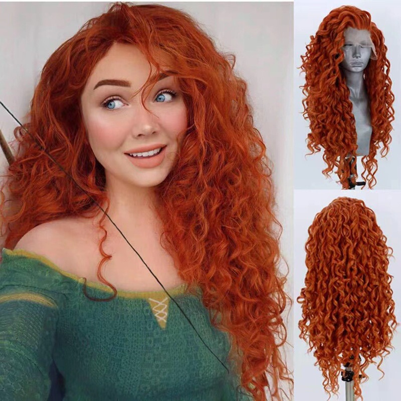 Orange Lace Front Long Curly Wig with Side Parting, Small Curls, Long Style Wig, Princess Merida Cosplay Wig