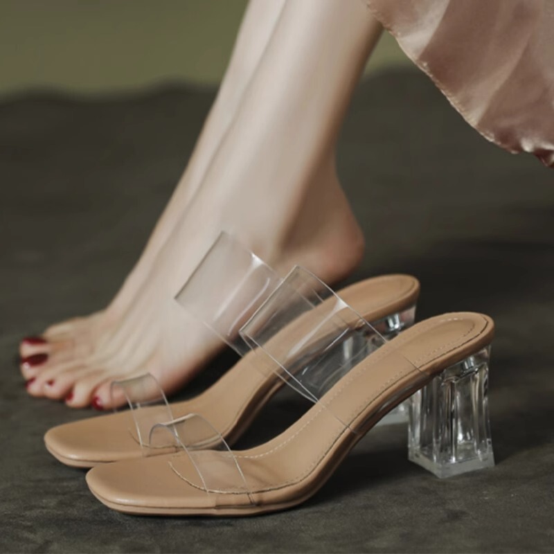 Sheepskin Transparent Sandals for Women 2026 New Summer Flat Mid-Heel Chunky High-Heeled Sandals and Slippers for Women to Wear Outside