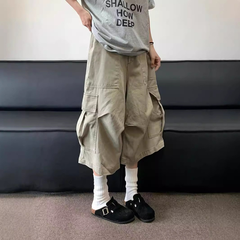 Summer New American Retro Large Flap Pocket Pants Cargo Shorts for Men and Women Street Fashion Brand Casual Loose Wide Leg Cropped Pants