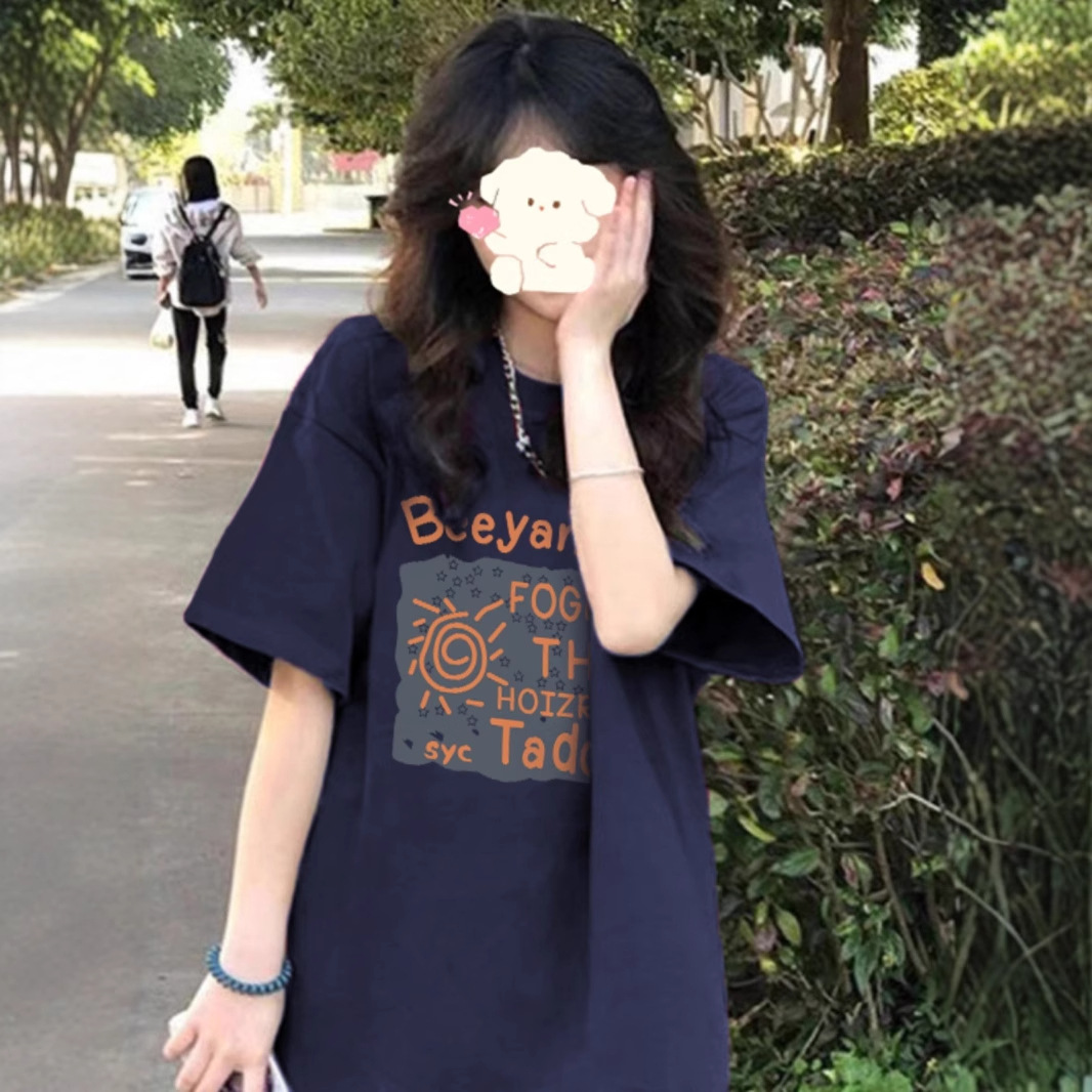 美式棉质短袖t恤女大童夏季薄款初中高中学生宽松休闲半袖上衣潮