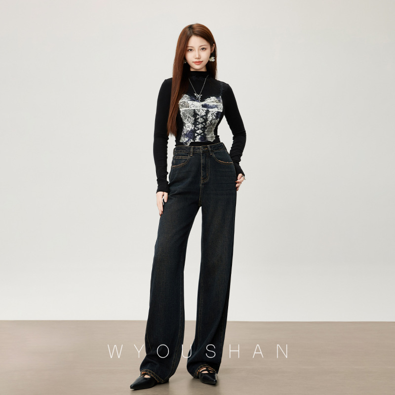 [Wang Youshan] Women's High-Waisted Wide-Leg Jeans, Fall/Winter Straight-Leg Floor-Length Loose Pants, Deep Blue 5601