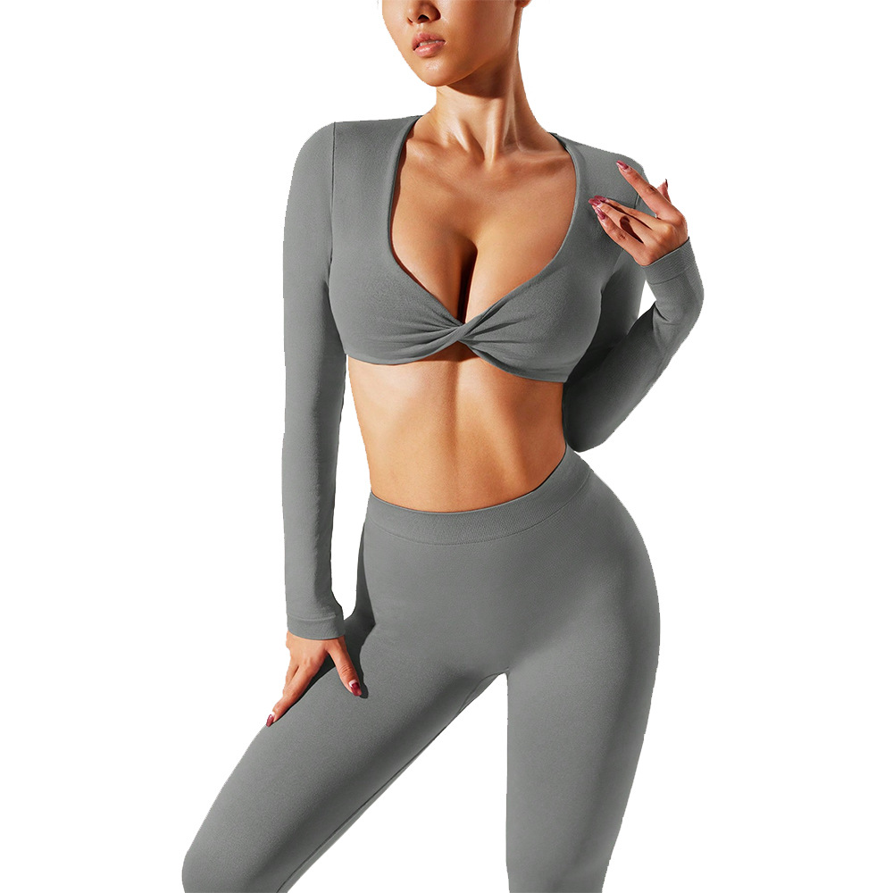 Deportes ropa de entrenamiento de yoga conjunto de dos piezas sexy apretado manga larga alto elástico de secado rápido al aire libre traje de correr desnudo sentido fitness