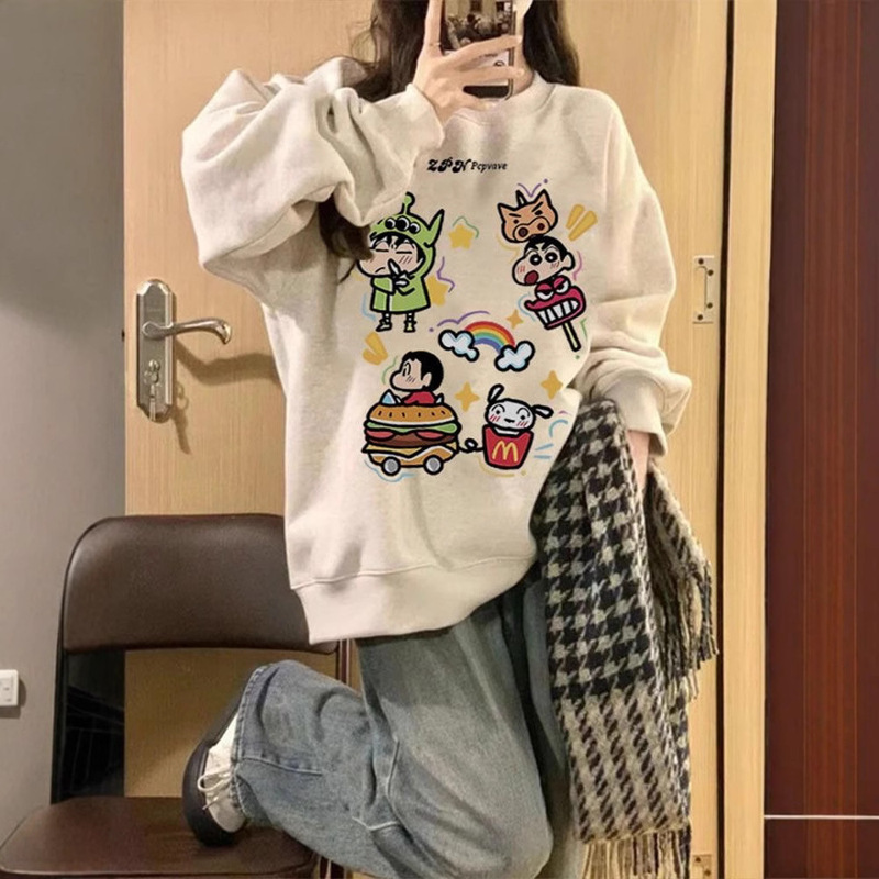 National Trendy Vintage Crayon Small New Crewneck Sweatshirt Women's Spring and Autumn New Loose Thin oversize Hood Top Trendy
