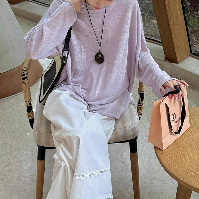 Purple Long-Sleeved Sun Protection T-Shirt Blouse for Women Summer Suspender Outer Loose Linen Top Gauze Air-Conditioning Shirt