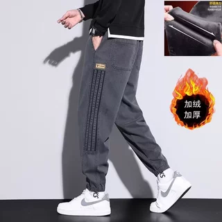 加绒秋冬休闲卫裤男士秋冬季新款港风宽松大码时尚潮流拼接工装裤