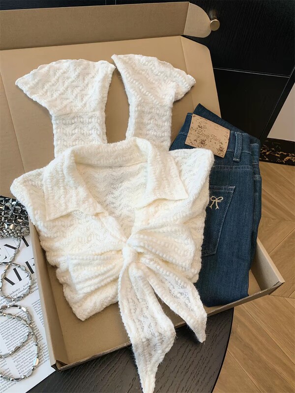 18YX6530 European and American 2026 cross-border foreign trade wholesale pure desire lace shirt with tie design and bell sleeves top 18YX6530 European and American 2026 cross-border foreign trade wholesale pure desire lace shirt with tie design and bell sleeves top