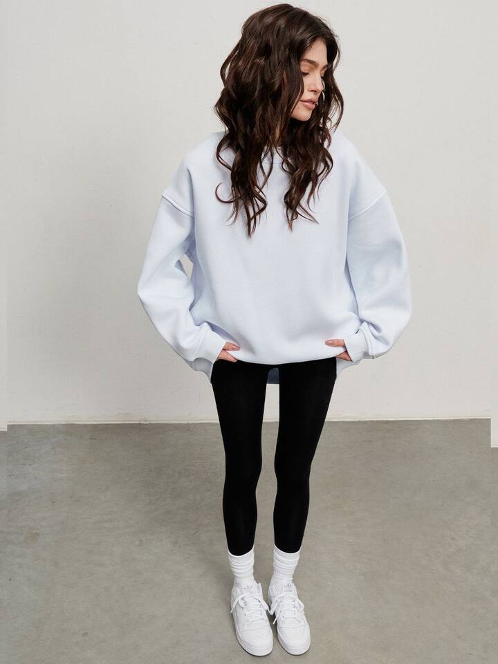 Áo sweatshirt nữ cổ tròn dáng rộng oversize tay dài chất liệu nỉ lông — Hoa màu xám, Màu cà phê, Màu trắng, Xanh navy chi tiết 46
