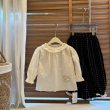 2025新秋季中小童森系长袖衬衫女童娃娃衫上衣洋气女套餐刺绣花边
