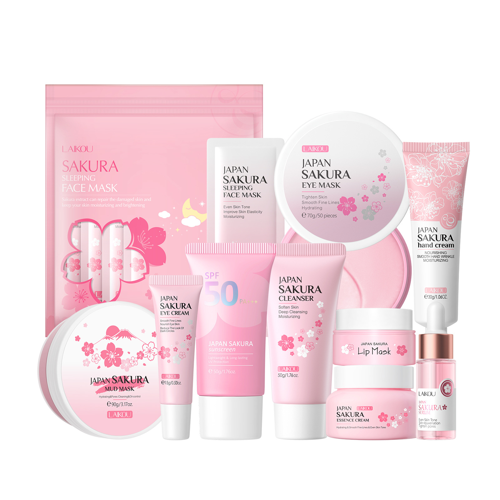 Conjunto combinado de leche de caracol y flor de cerezo LAIKOU transfronterizo, varios conjuntos, kit de productos para el cuidado de la piel de combinación libre.