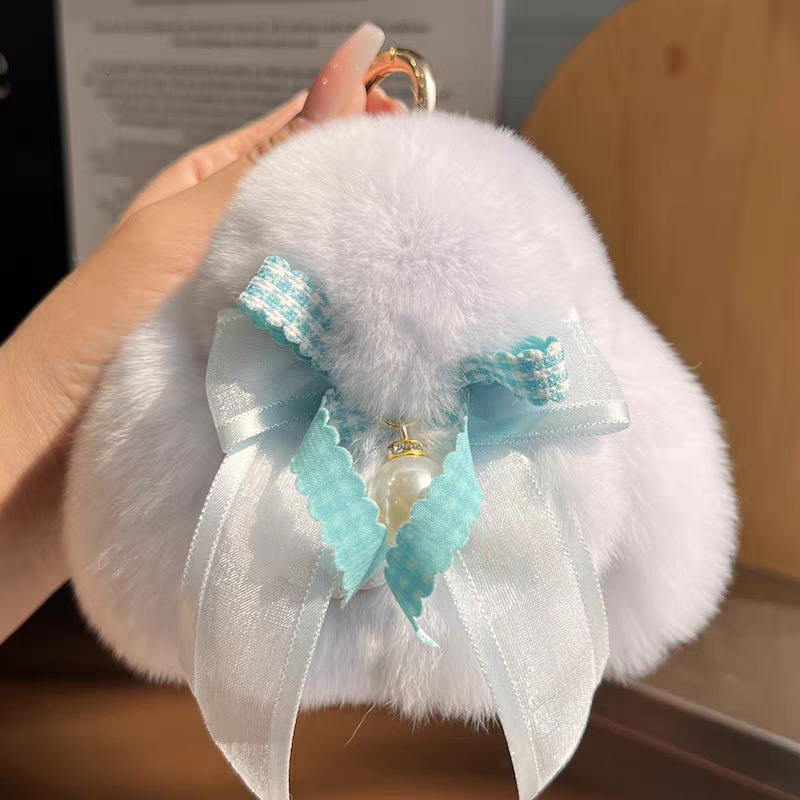 Cute conejo real peludo arco perla pequeño conejo llavero de coche colgante muñeca de peluche bolsas colgante