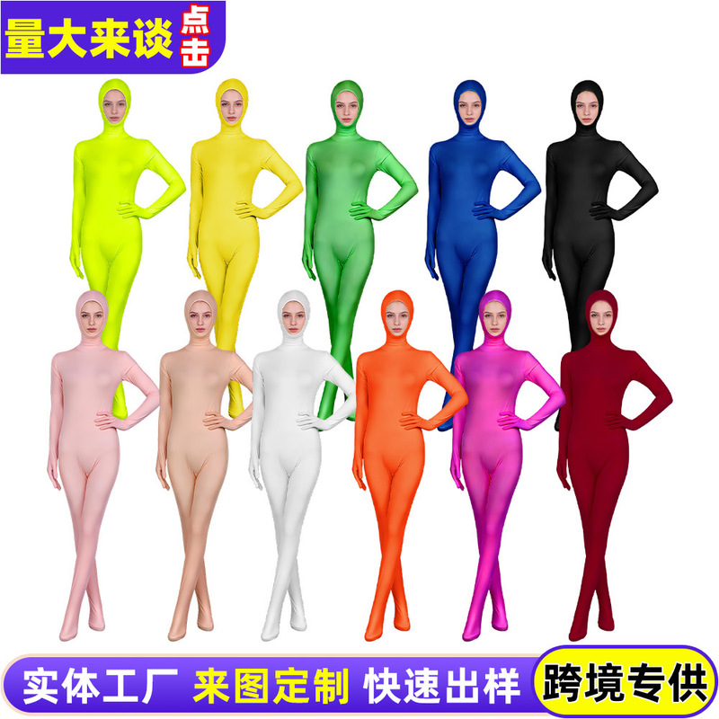 Cross-Border Hot-Selling Full-Body Milk Silk Bodysuit with Exposed Face, Zentai Solid Color Jumpsuit, Stage Disguise Performance Outfit