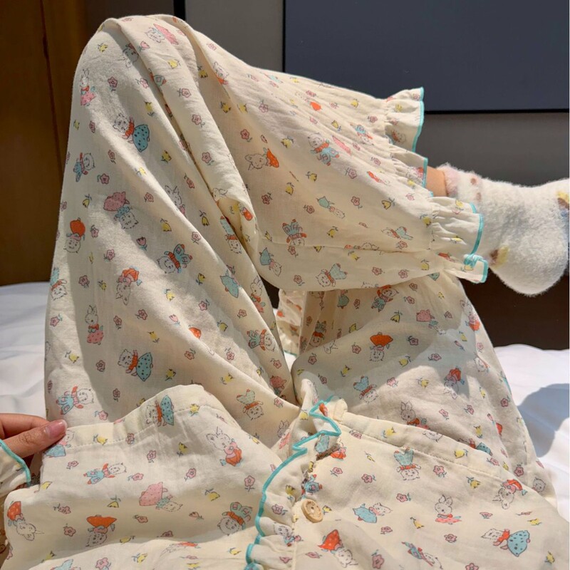 New Korean-Style Sweet Long-Sleeve Thin Cotton Double-Layer Gauze Pajamas for Women, Spring and Autumn Doll Collar Home Wear Set New Korean-Style Sweet Long-Sleeve Thin Cotton Double-Layer Gauze Pajamas for Women, Spring and Autumn Doll Collar Home Wear Set