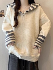 秋季2025新款设计感条纹海军领毛衣外套大码女装胖mm长袖针织上衣