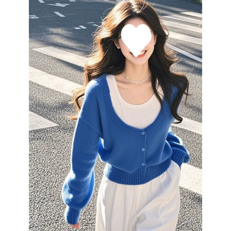 Blue knitted set, autumn sweater, western style