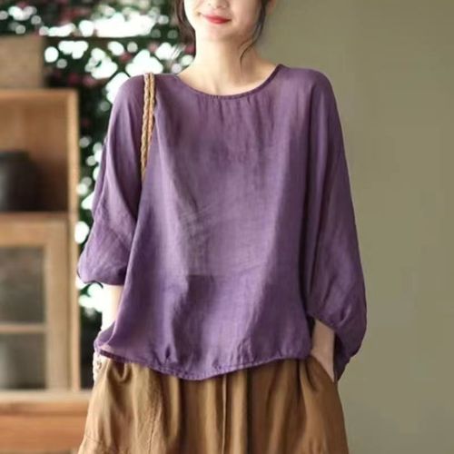 European-style temperament batwing sleeve seven-inch sleeve cotton linen top new spring and summer versatile loose hide belly large size women fashion