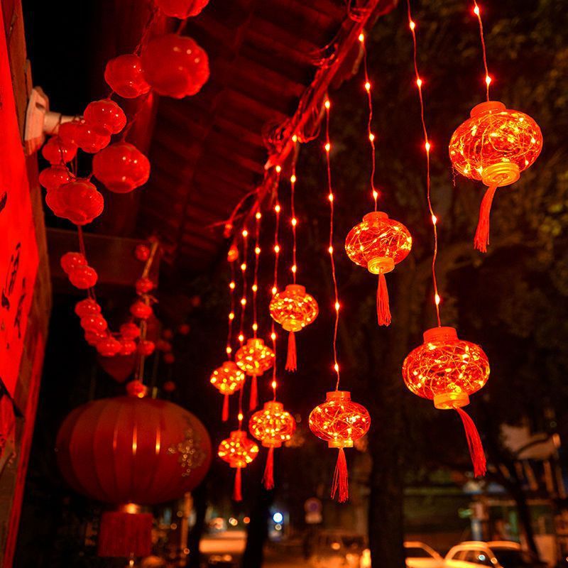 新年の装飾 LED カラフルなストリングライト祝福タッセル赤い提灯新年春祭り家の庭の装飾小さな提灯|undefined
