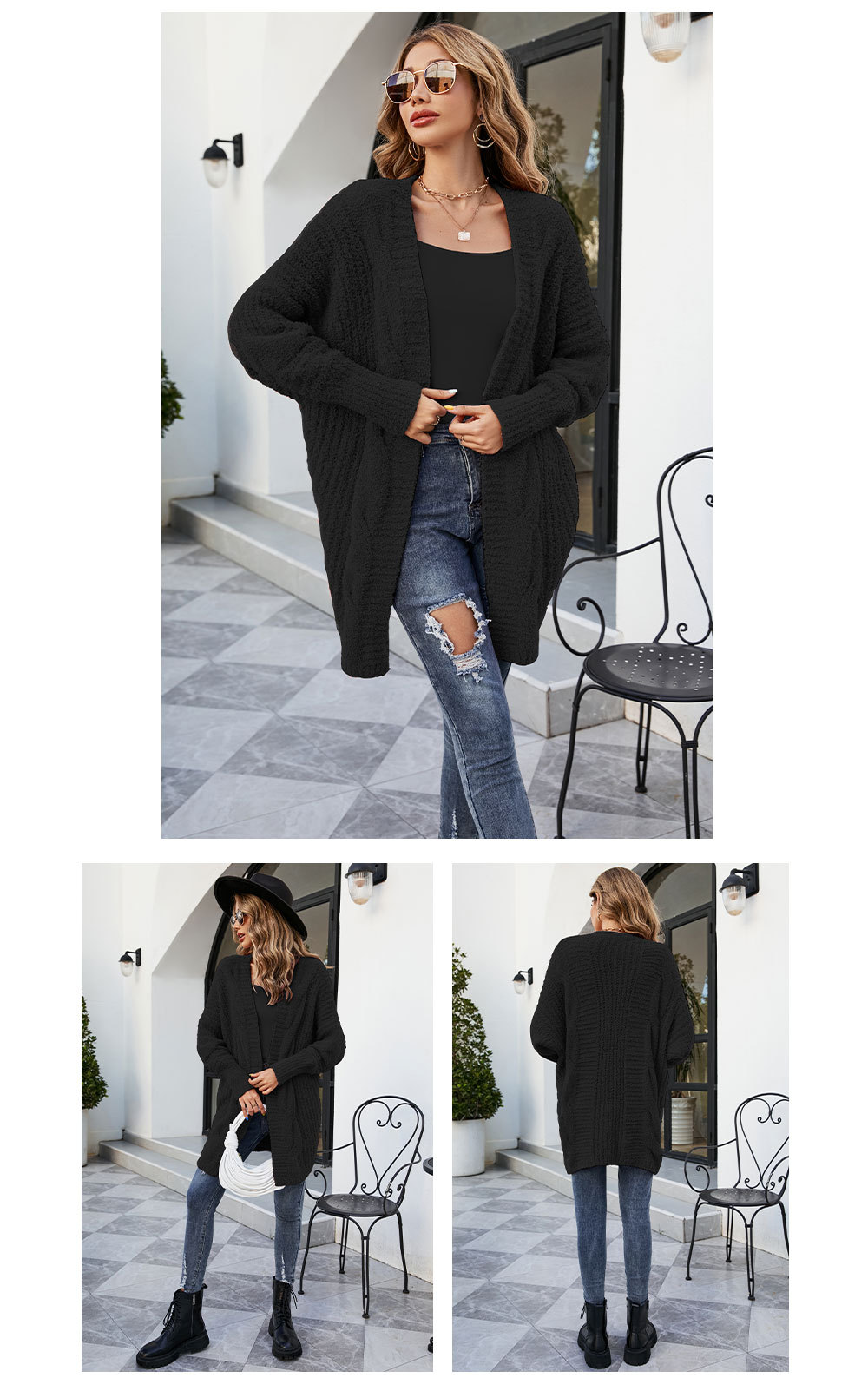 V-neck twist long sleeve loose mid-length solid color knitted cardigan NSWJY137383