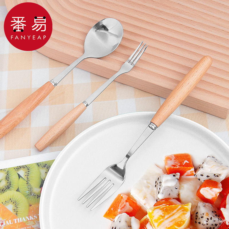 -10Y包邮/餐叉/木柄A1v-家用长柄勺子叉子不锈钢餐具叉勺木