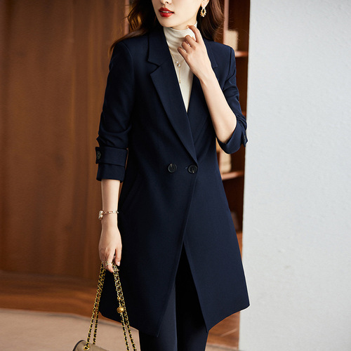 Women's Autumn/Winter Long Windbreaker Coat Professional Set with Long Sleeve Blazer Fashion and Elegance Office Workwear