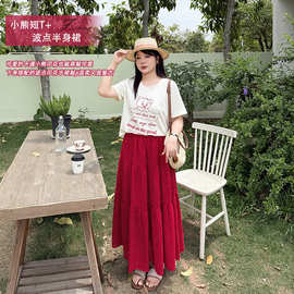 双天2025夏季新款大码女装200斤胖mm可爱小熊短T+波点半身裙8895