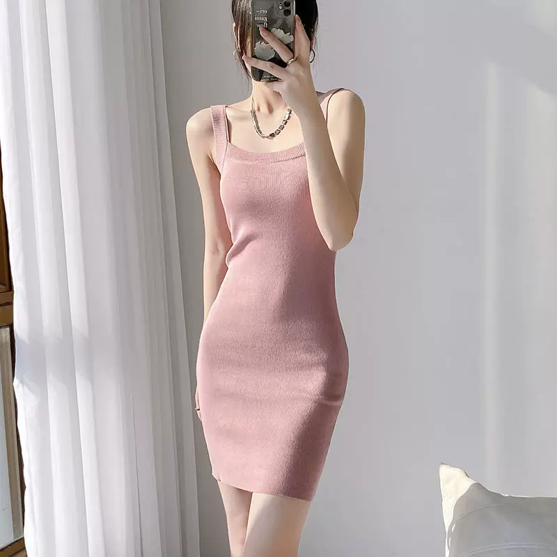 纯欲针织吊带背心连衣裙女春夏辣妹内搭打底短裙紧身性感包臀裙子