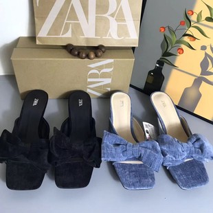 ZA2024 New Spanish West Velvet Bow Square Toe Open Toe Low Heels Fine Heel Outer Wear Sandals for Women
