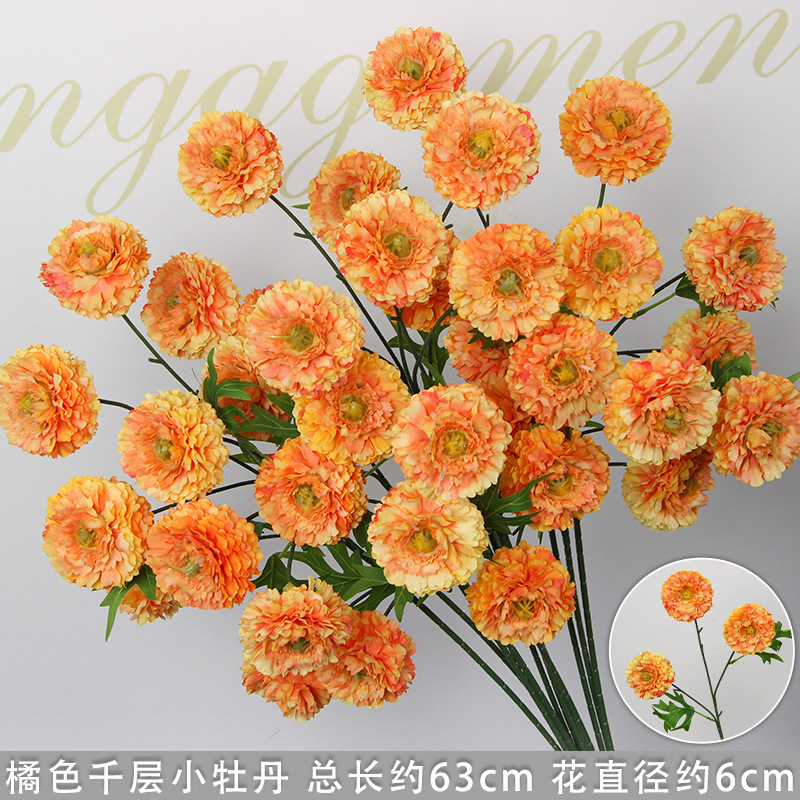 Flores de imitación naranja peonía naranja hortenida neblina orquídea flor flor de boda seda naranja