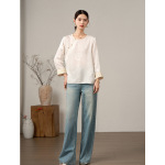 新中式国风100%真丝刺绣圆领斜襟衬衫女2025春季提花设计感上衣