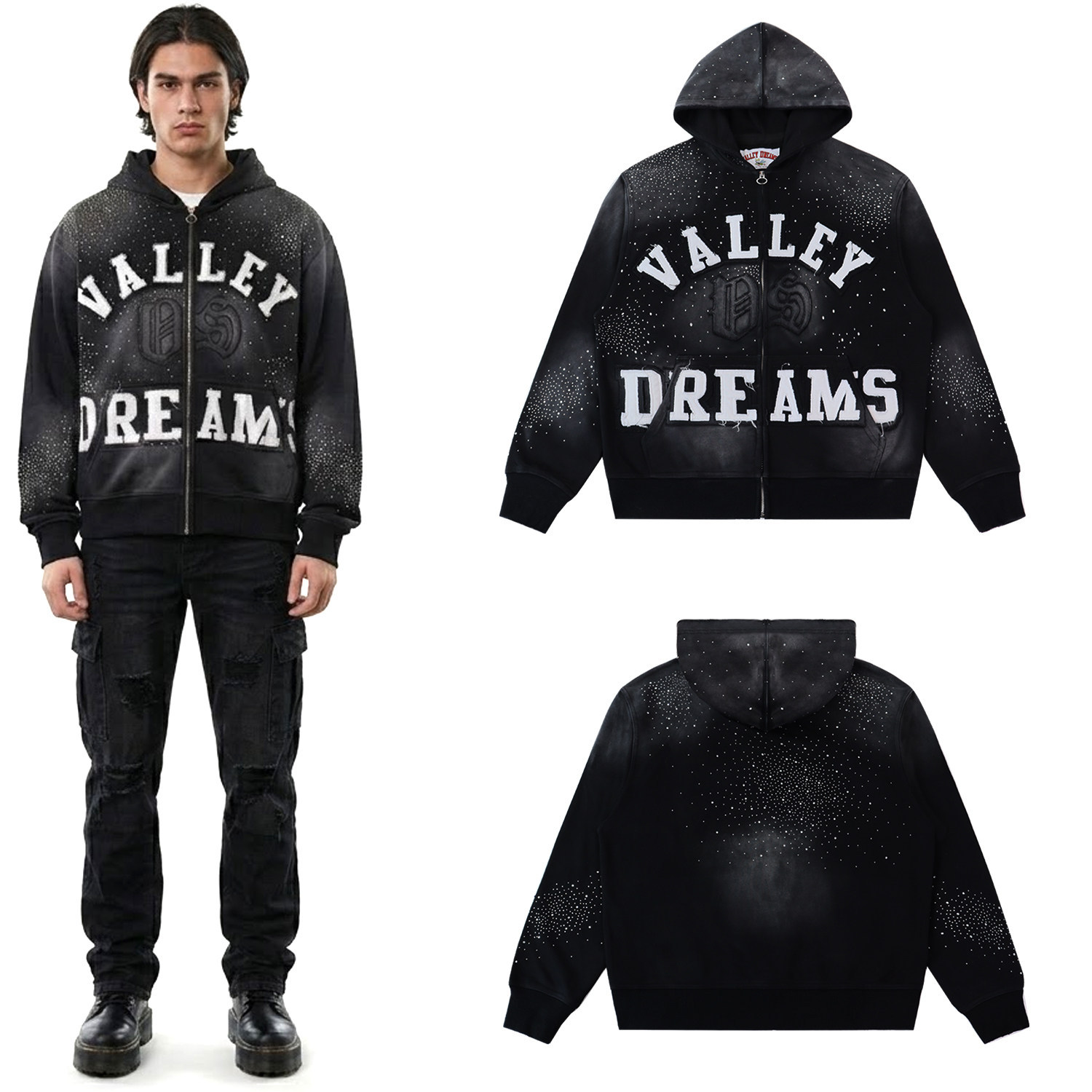 Vale Valley American retro rhinestone letter hooded sweatshirt, unisex, distressed zipper cardigan, loose-fitting outerwear