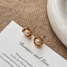 新中式天然淡水珍珠耳钉国风珐琅滴油高级感简约耳饰百搭银针耳环