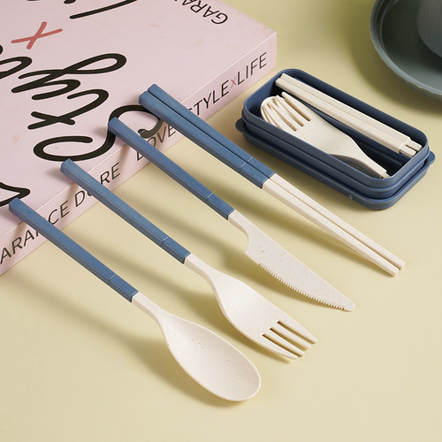 Japanese wheat straw tableware knife, fork, spoon and chopsticks three-piece set folding portable tableware storage box gift set