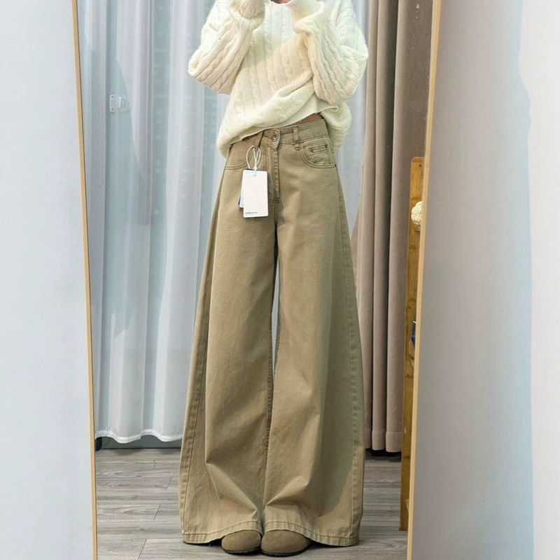 Petite women's khaki straight-leg floor-length high-waisted wide-leg jeans, slimming and loose-fitting denim wide-leg pants