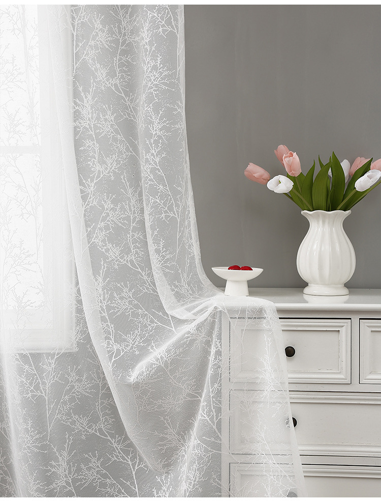 Einfache weiße Hintergrund Zweig Spitzenvorhänge Wohnzimmer Küche Balkon Studie Spitze Halbschattierung dekorative Vorhänge_voghion.com