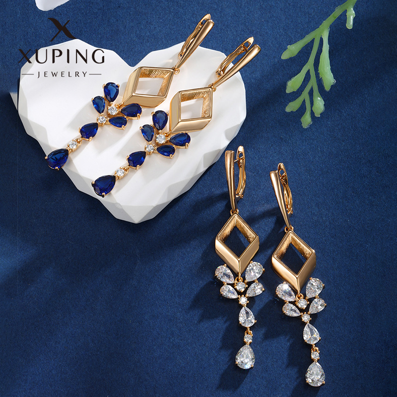 Xuping joyas gemas artificiales de color geometría larga gota de agua pendientes de alta sensación pendientes de personalidad femenina pendientes