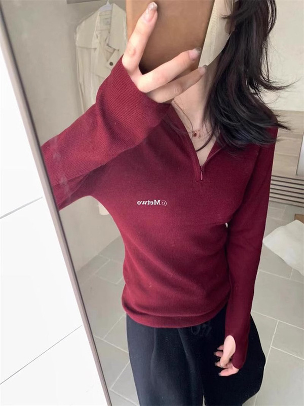 韩系温柔半拉链连帽针织衫女秋冬内搭慵懒修身打底毛衣设计感上衣|undefined