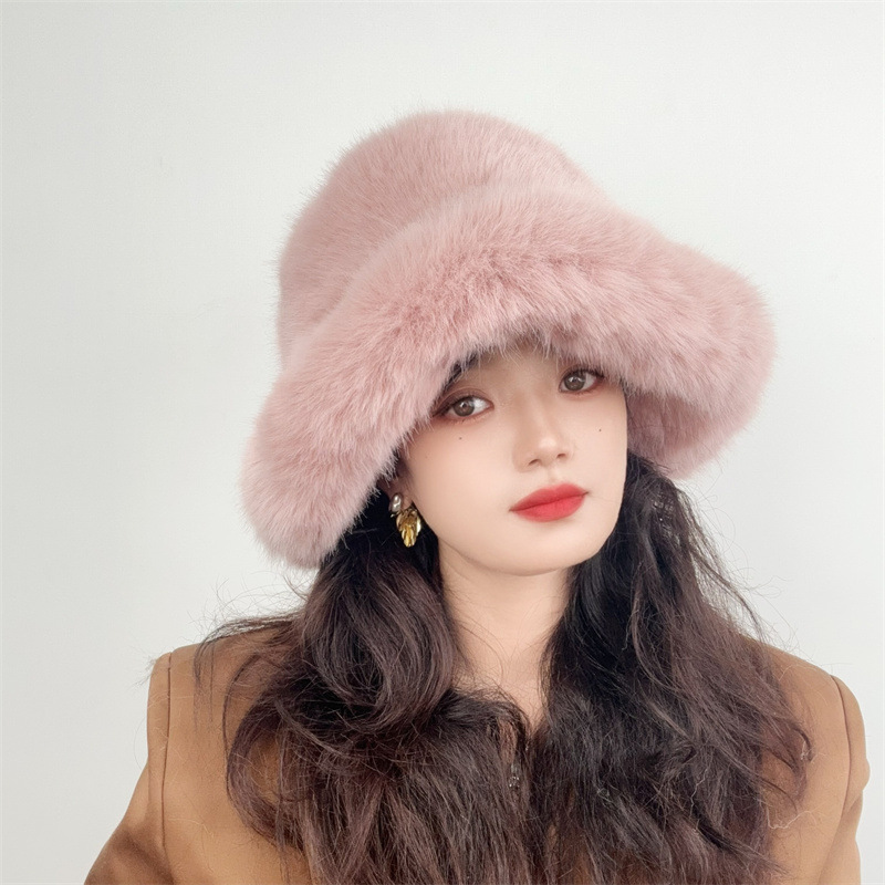 Luxury Faux Fox Fur Winter Bucket Hat – Wide Brim Punk Style Fashionable Unisex Cap For Women & Men, Soft & Warm_voghion.com