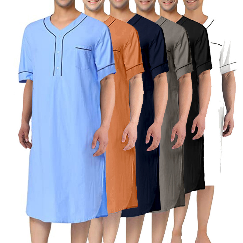 2024 Summer Cross-Border Amazon Men's Short-Sleeved Thin Nightgown Solid Color Home Clothes Loose Men's Nightgown 2024 Summer Cross-Border Amazon Men's Short-Sleeved Thin Nightgown Solid Color Home Clothes Loose Men's Nightgown
