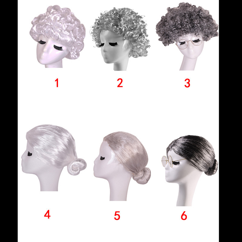 Halloween Grandma Wig Gray Curly Wig Cosplay White Wig Set Grandpa Wig