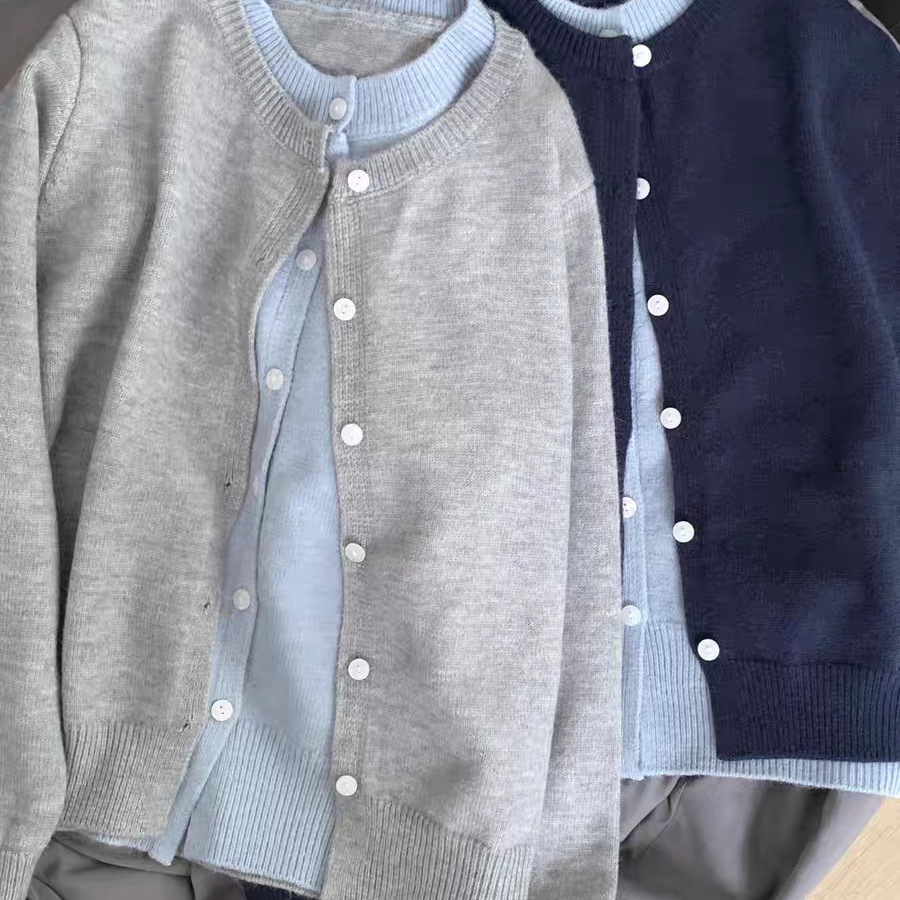 韩系软糯拼接撞色假两件灰色针织开衫外套女秋季休闲外搭毛衣上衣