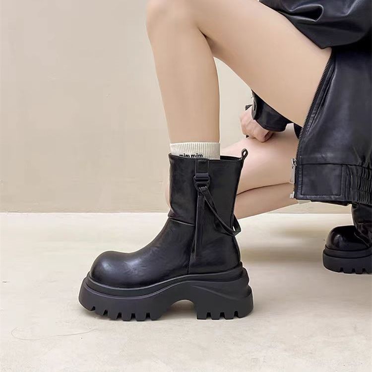 Retro Western Short Boots for Women New Autumn Thick Heel Small Height Increasing Martin Boots Lace-Up Versatile Boots