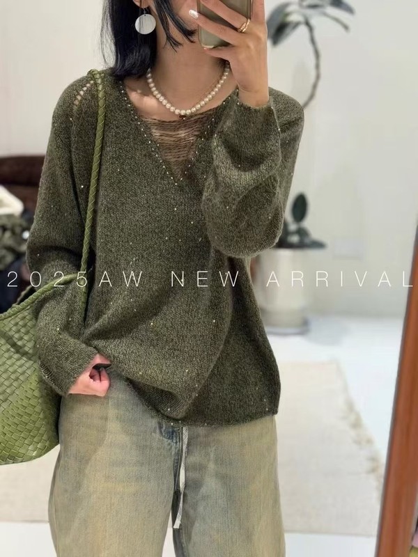 欧洲站2025早秋新款V领长袖纯色宽松百搭针织羊毛衫上衣女打底衫|undefined