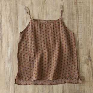 Summer Ramie Thin Printed Camisole Base Shirt Cool Vest with Back Slit Short Sleeveless Loose Top