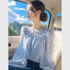 衬衣女款2025春新款爆款高级感减龄洋气超好看小众蓝色竖条纹上衣