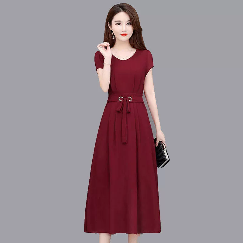 Платье длинное A‑образное миди, plus size, короткий рукав с приталенным поясом