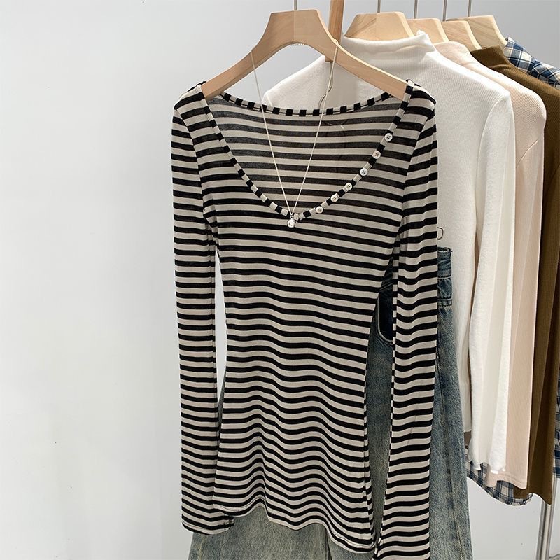 Button Striped Slim Fit Spicy Girl V-Neck Pure Desire Thin Long-Sleeve Sun-Protective Cover-Up T-Shirt Elegant Skin-Friendly Slimming Top