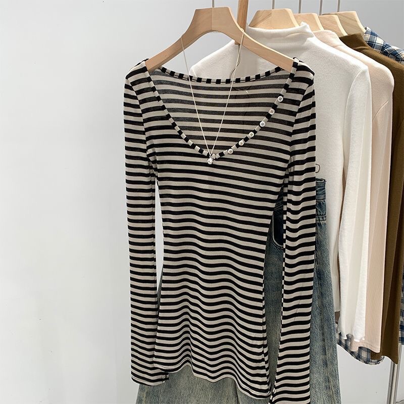 Button Striped Slim Fit Spicy Girl V-Neck Pure Desire Thin Long-Sleeve Sun-Protective Cover-Up T-Shirt Elegant Skin-Friendly Slimming Top