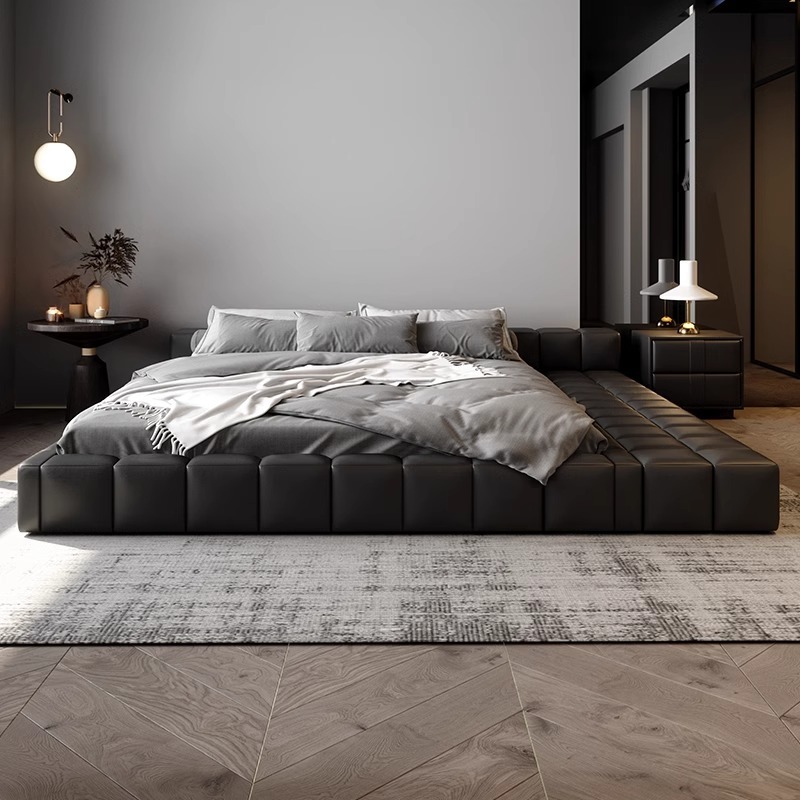 Cama de cuero de tatami minimalista italiana 2 * 2.2m cama queen piso negro atmósfera de alta gama cama de matrimonio doble