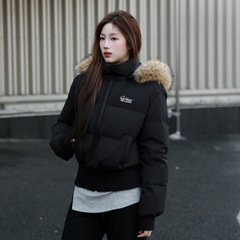 短款加厚羽绒棉服女2025冬季短款连帽收腰显瘦高级感毛领棉衣外套