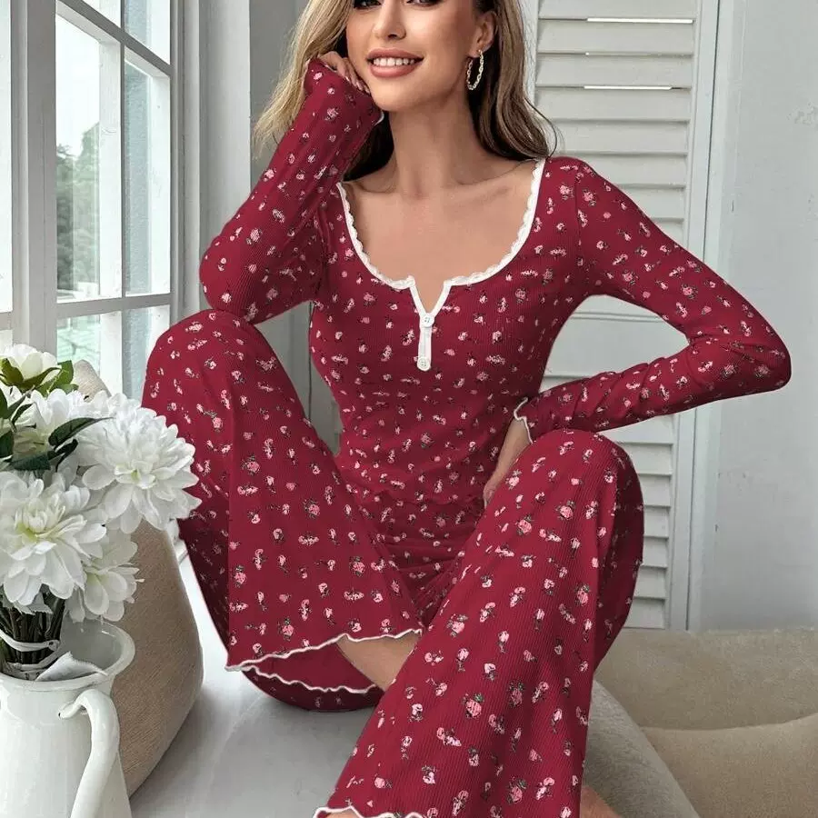 欧美跨境热销睡衣女士性感深v印花修身长袖纽扣时尚上衣长裤套装