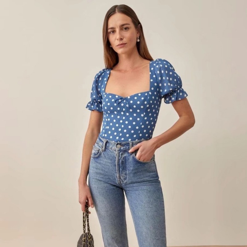 short sleeve Square Neck Slim lace-up Polka Dot Print Top NSXDX121491